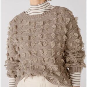 OUI Wool Blend Taupe Melange Jumper with Fringe Details US6 Oversized